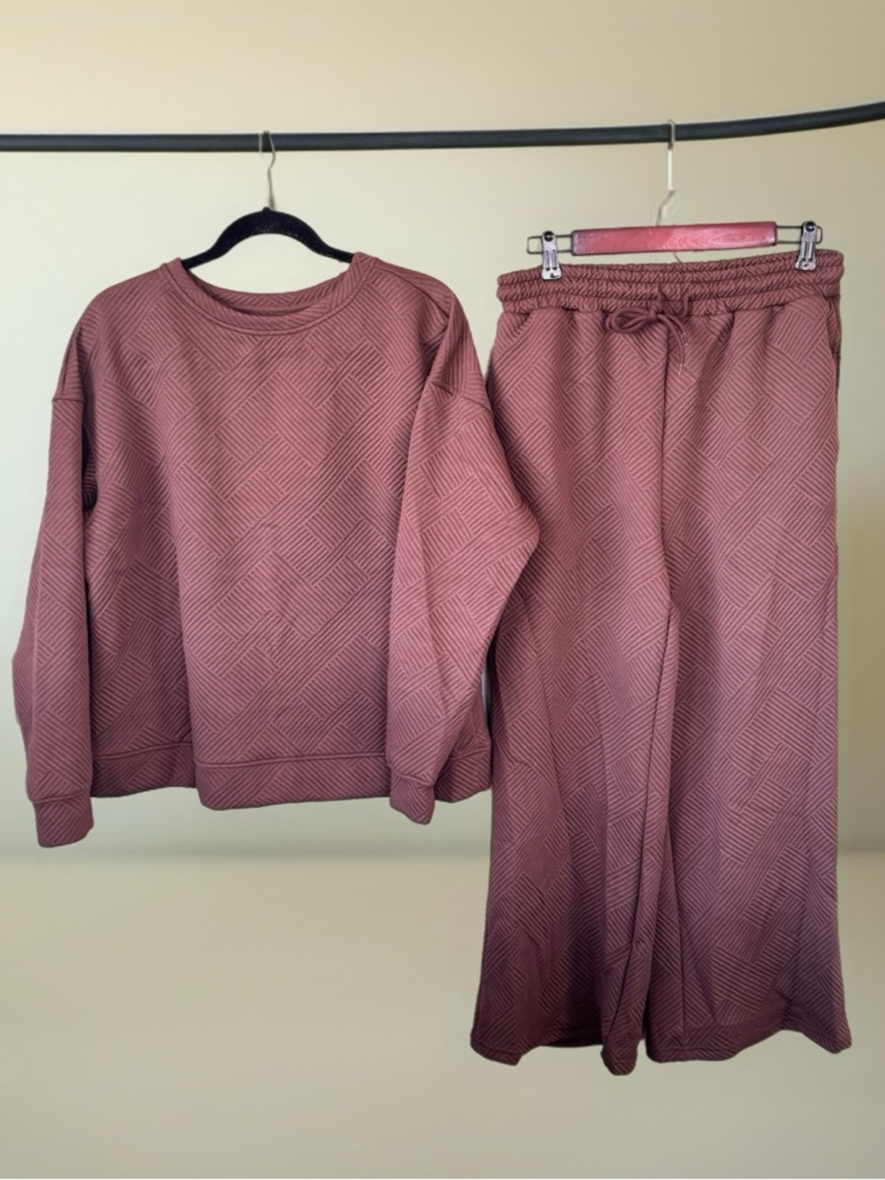 Boutique Textured Lounge Set Brown Size L Wide Leg Matching Set